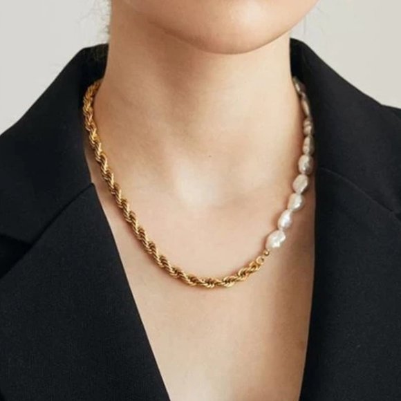 Jewelry - New 18K Gold Plated Braided Rope Natural Pearl Necklace